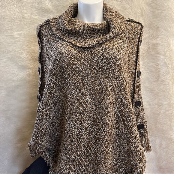 Cowl Neck Fringed Poncho - Picture 2 of 16